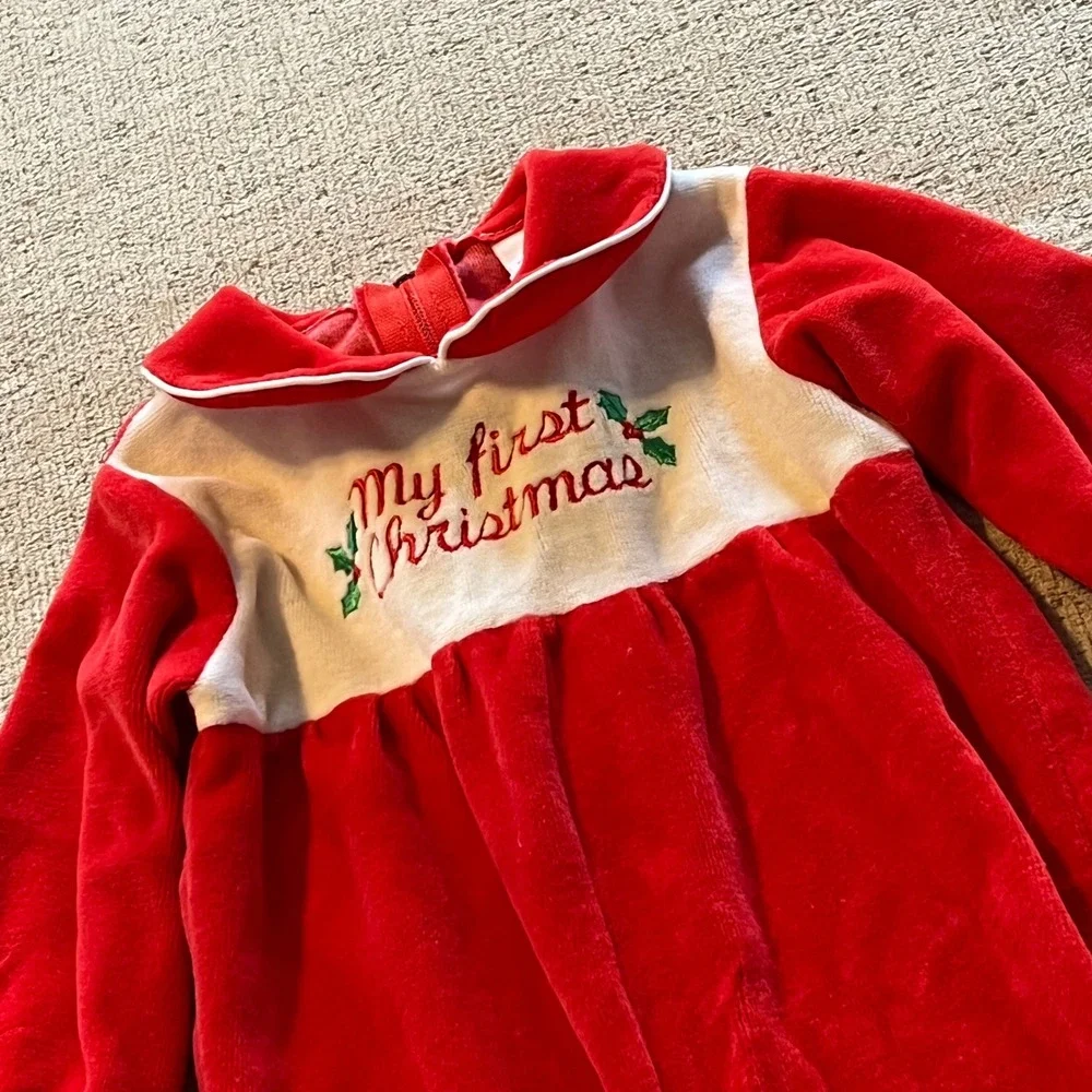 Vintage Alexis My First Christmas Red Velvet Footed Sleeper Baby 9 Months USA